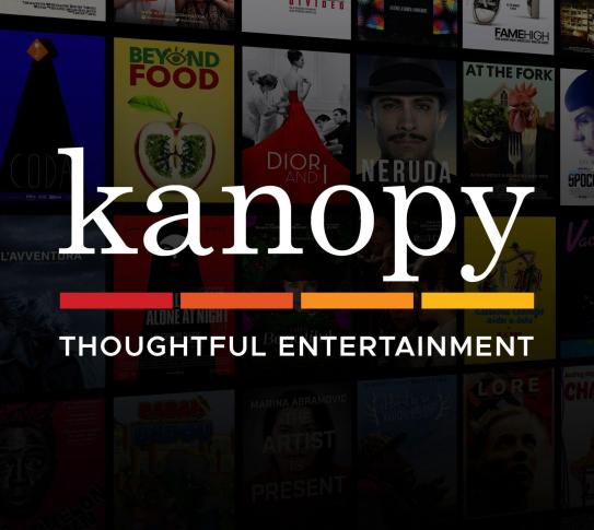 "kanopy Thoughtful Entertainment" logo mark with movie poster images behind it.