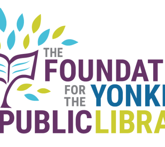 "The Foundation For The Yonkers Public Library" logo of a tree growing on a book