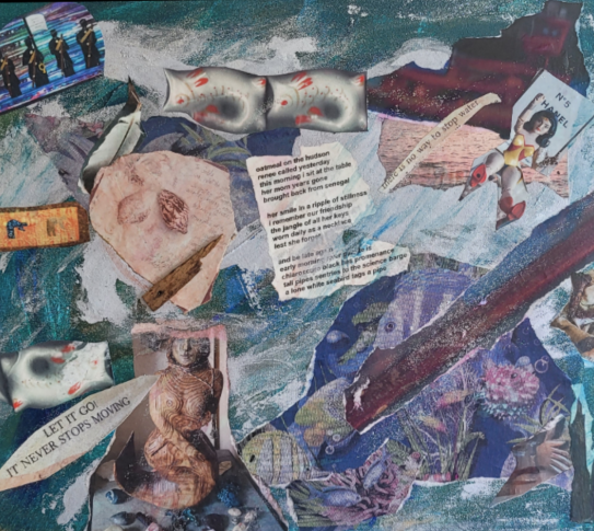 "Oatmeal on the Hudson" collage of blue papers by Golda Solomon