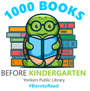 1000 Books Before Kindergarten turtle reading stack of books. 