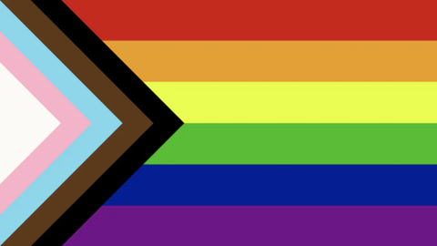 Rainbow flag with black, brown, and trans chevron. 
