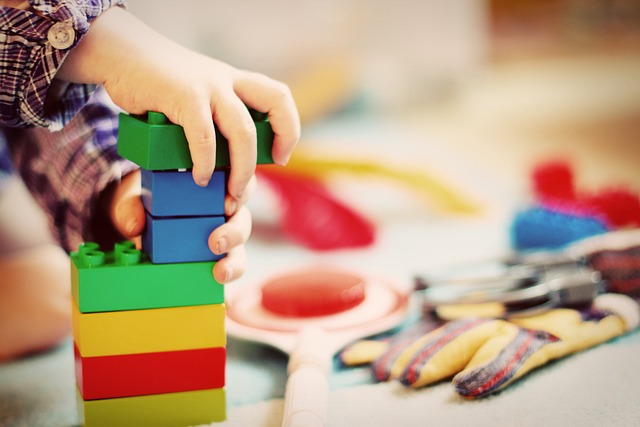 Toddler playing with blocks and toys