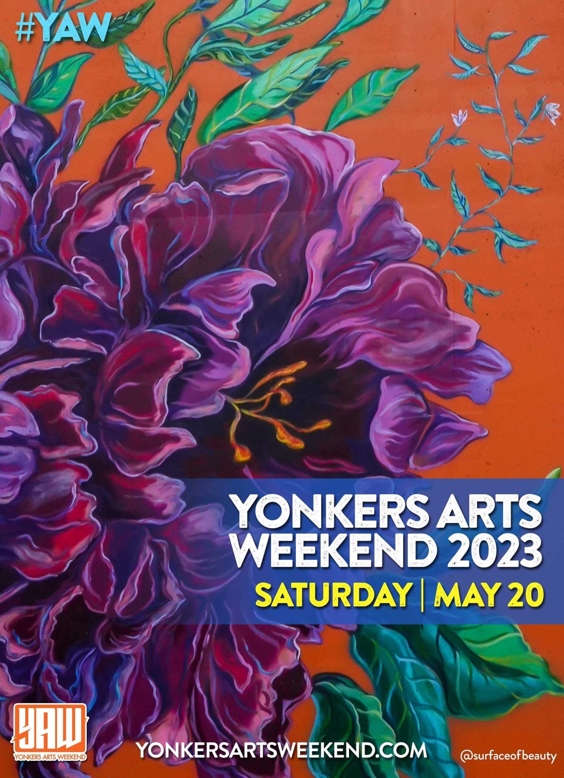 "Yonkers Arts Weekend 2023 Saturday May 20" image of purple flower with orange background @surfaceofbeauty