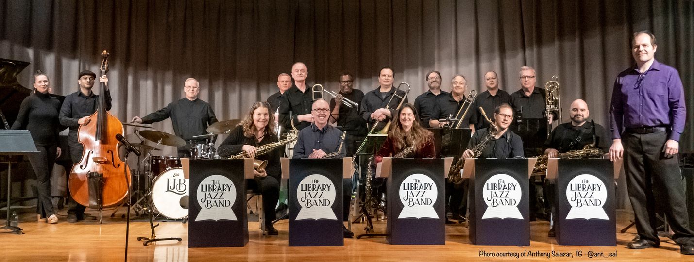 Picture of the entire library jazz band; 18 members