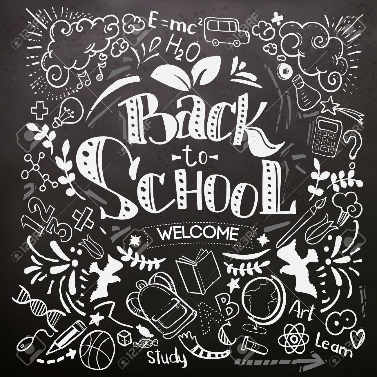 Royalty free back to school chalk drawing with those words and school items drawn in chalk