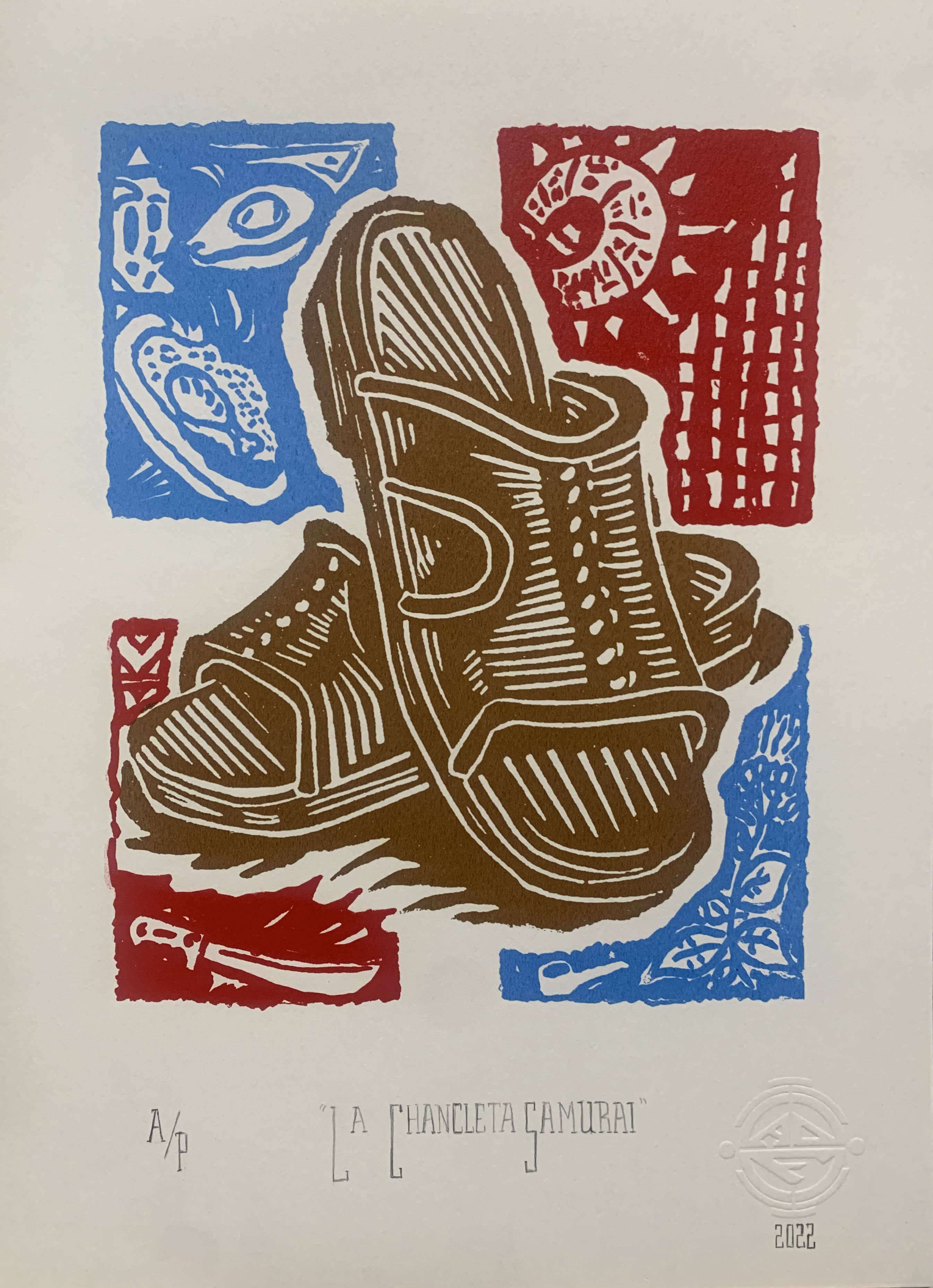 "La Chancleta Samurai"  Color Screen Print of shoes based off of a Linocut. By Alex "FDEZ" Fernández 3, 11" x 14" NFS
