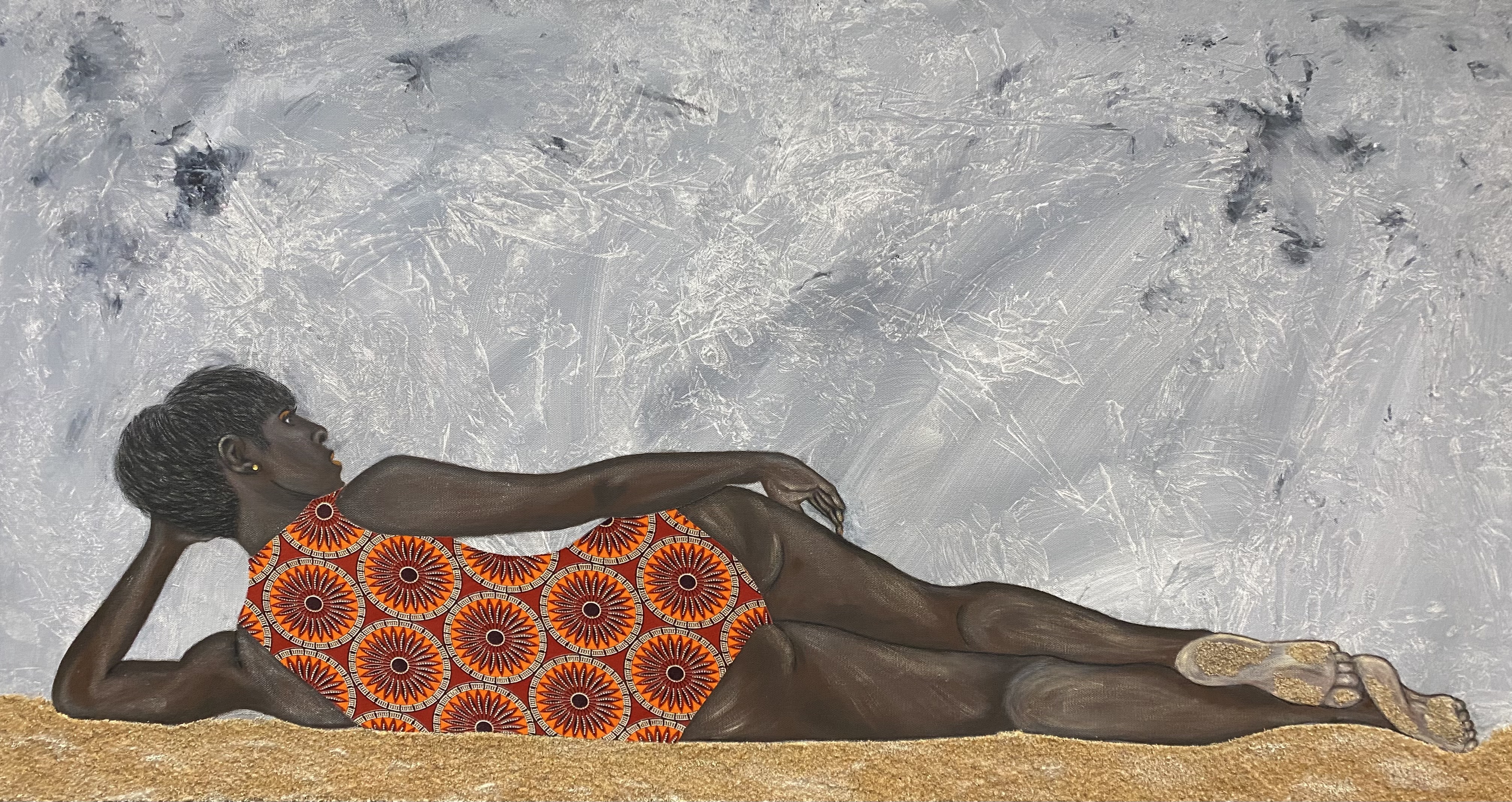 "Sheela"Acrylic Paint and Sand work of a woman in a bathing suit lying down, by Lisa Gathright-Miller, 24” x 48” 