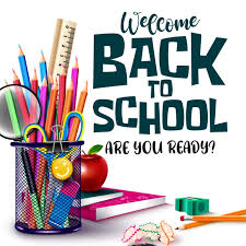 Welcome back to school are you ready? text cup full of school supplies next to words