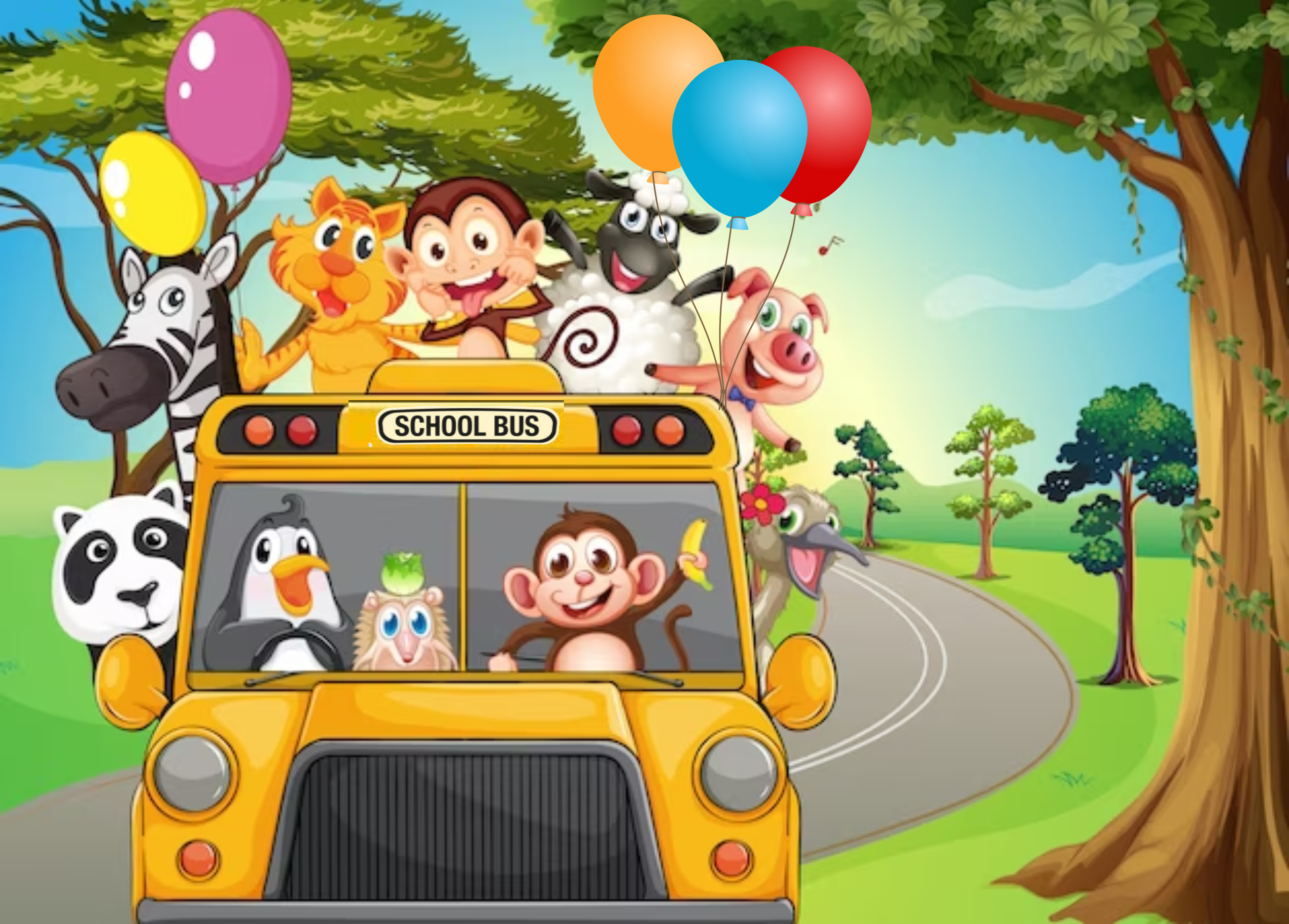 School bus with animals and balloons