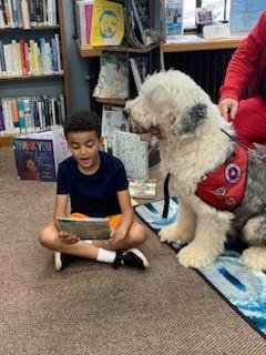 young boy reading to Cooper