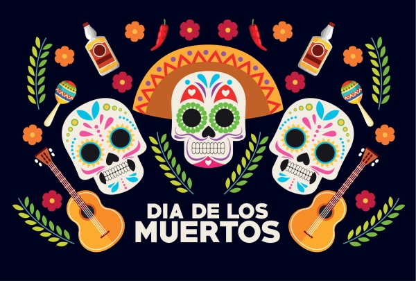 Three decorative skulls and the words "Dia de los Muertos"