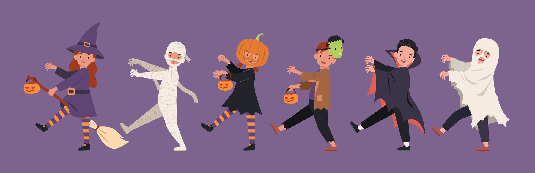 five children wearing halloween costumes marching in a line
