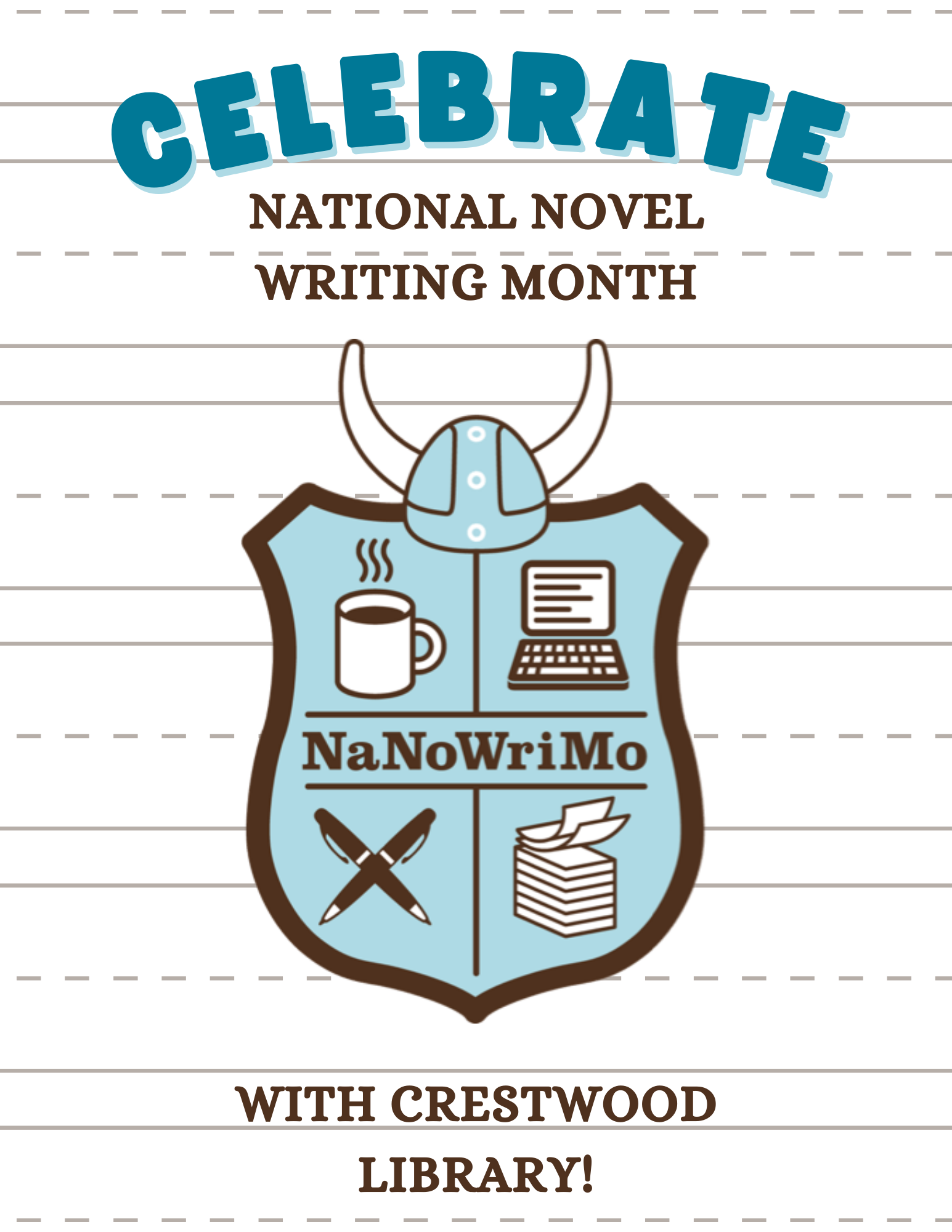 celebrate NaNoWriMo Month with Crestwood Library Crest of NaNoWriMo