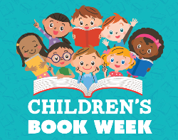 open book with children popping over it Children's Book Week written underneath