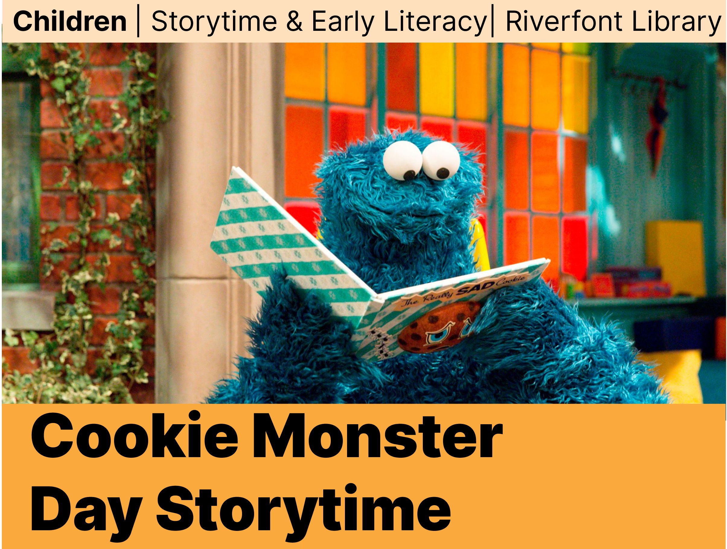 Cookie Monster reading a book