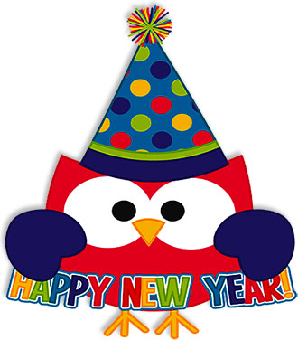 Owl in party hat saying happy new year