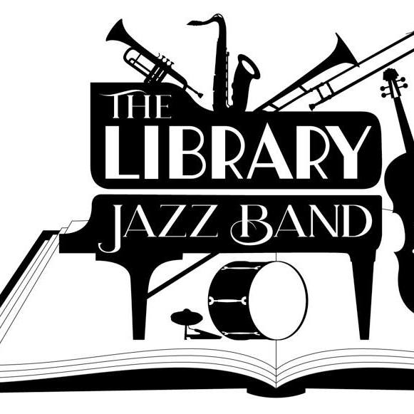 "Library Jazz Band" logo, instruments on open book