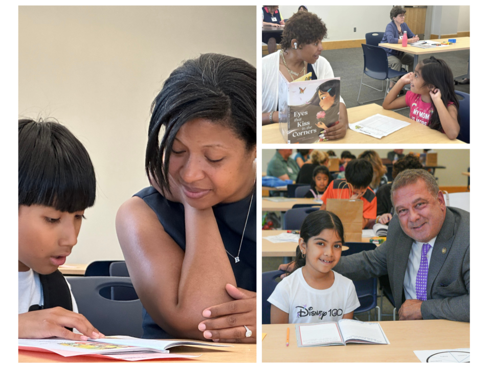 Clockwise from left: City of Yonkers elected officials Councilmember Tasha Diaz, Councilmember Corazon Pineda-Isaac and Mayor Mike Spano read to their Buddies