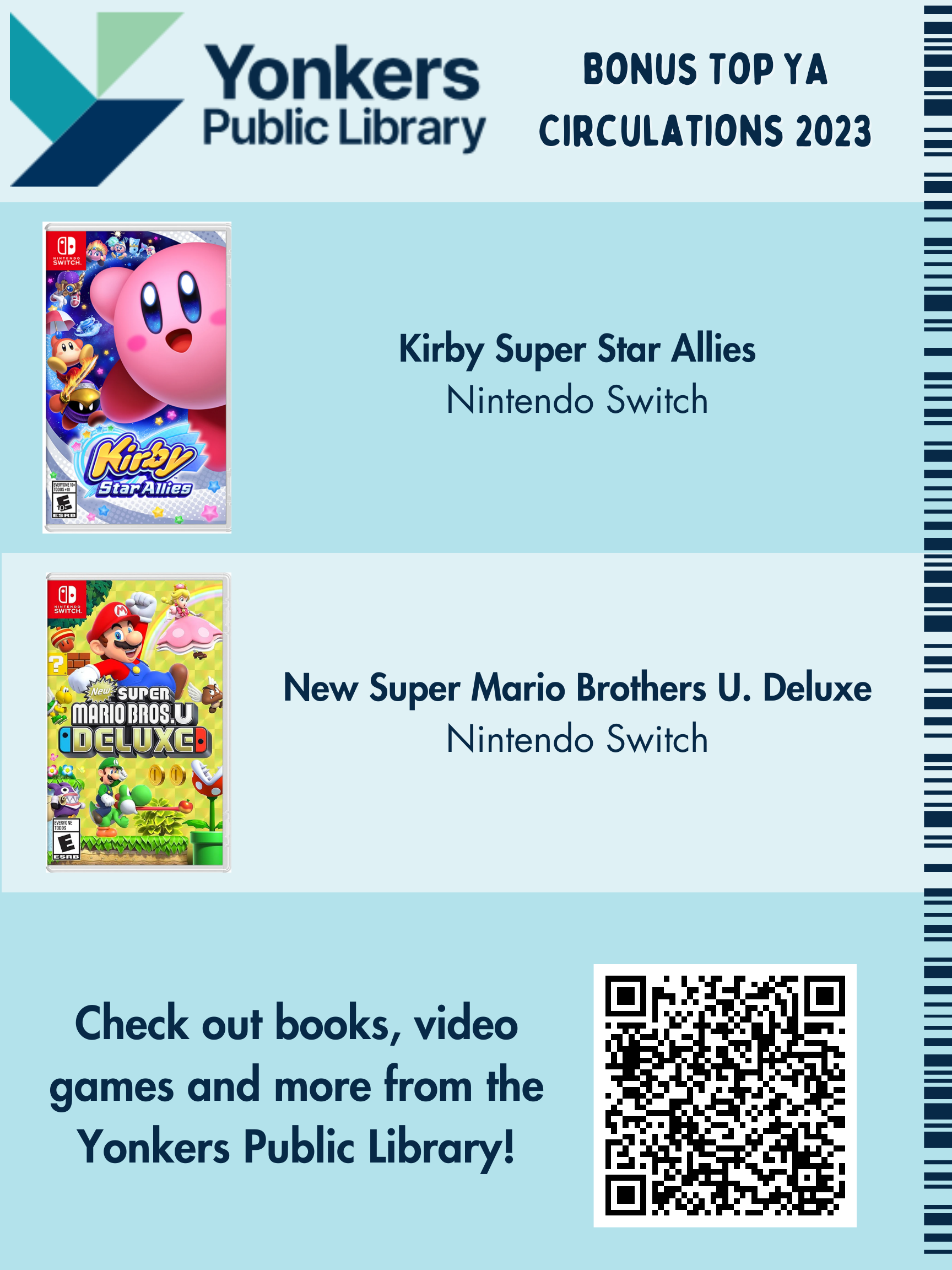 Top YA Fiction Circulations 2023. Kirby Super Star Allies and New Super Mario Bros U Deluxe.