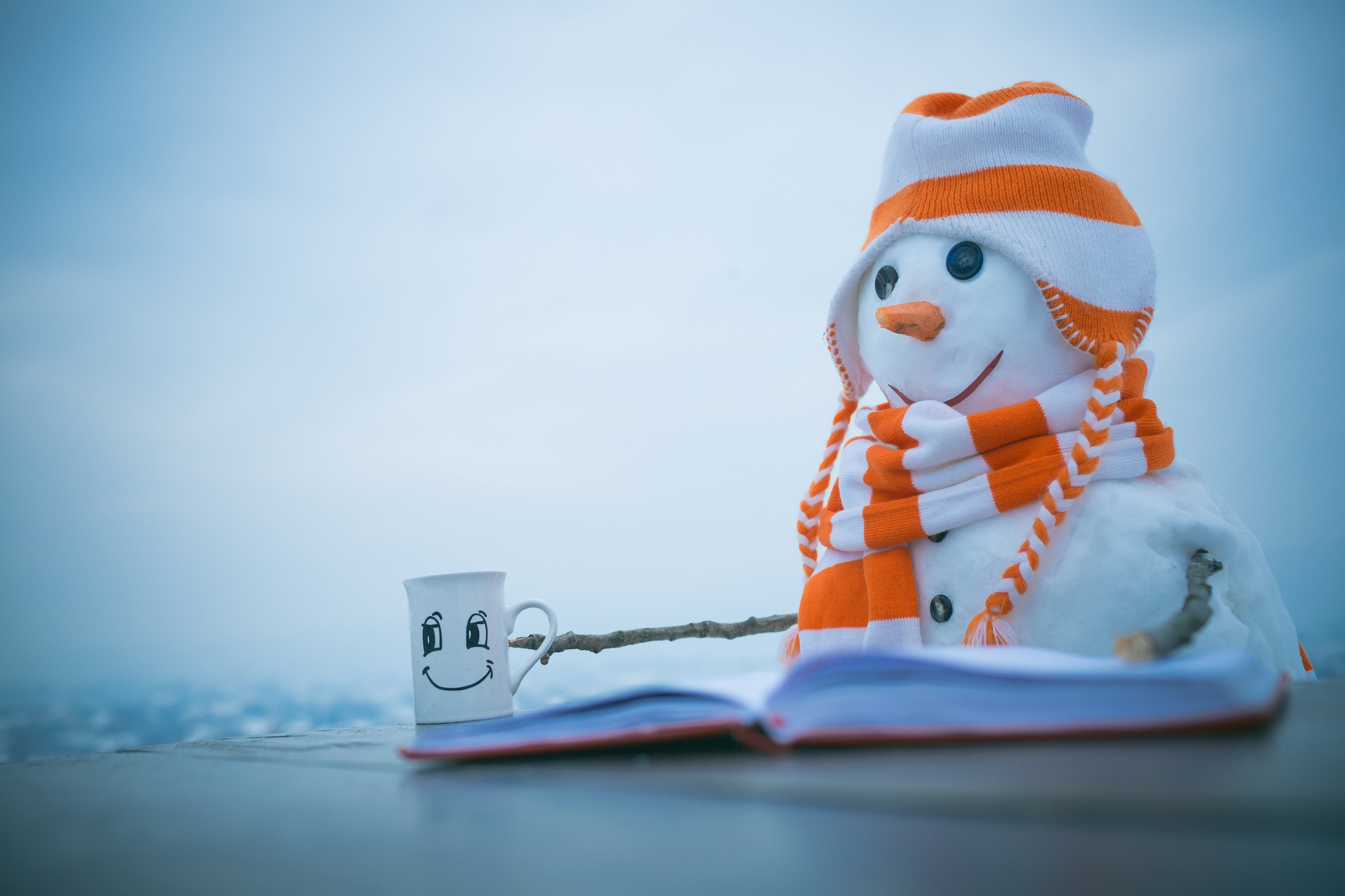 Graphic of snowman wearing hat, scarf. they are reading a book with a mug