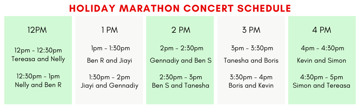 concert listing of people playing from 12 to 4pm 