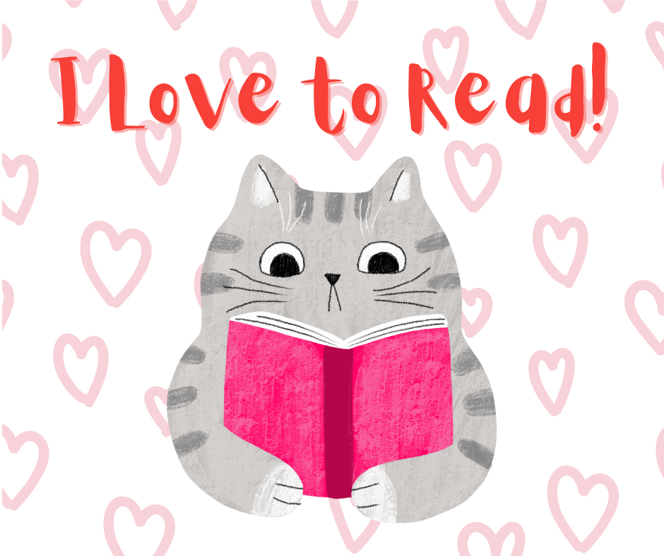 Image of cat and hearts with a book "I Love to Read"