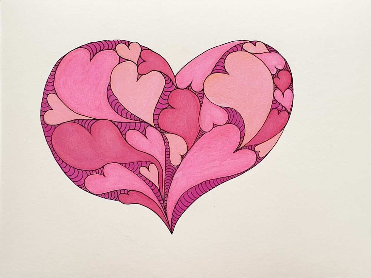 hand drawn and painted hearts one inside the other