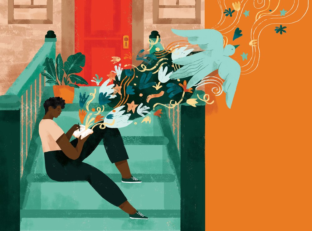 african american person sitting on steps with birds, hearts, books flying out of a book