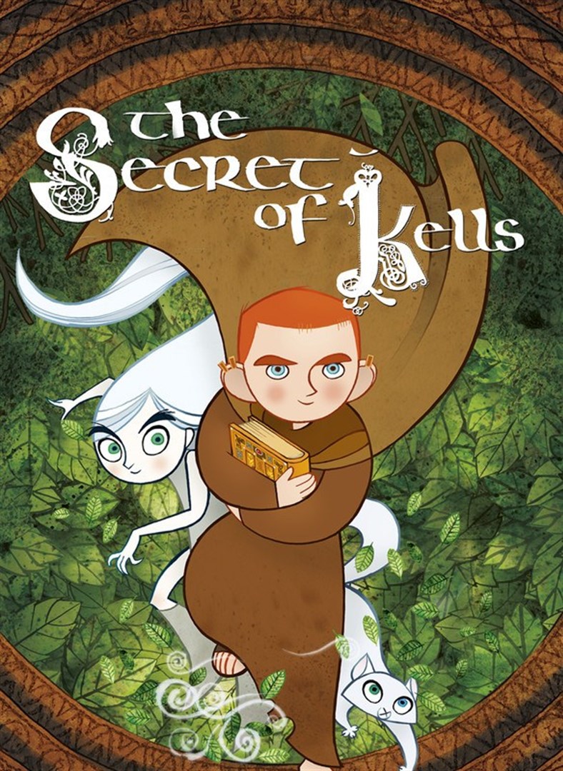 A poster for Cartoon Saloon's animated feature The Secret of Kells. Brendan, a pale-skinned boy in brown monk's garb with cropped red hair and blue eyes, holds a golden book in his hands and looks forward determinedly. Behind him are Aisling, a smiling long-haired fairy girl with green eyes, and Pangur Bán, a cat with one green eye and one blue eye. Both are the color white. All three stand in front of a background of green leaves. 