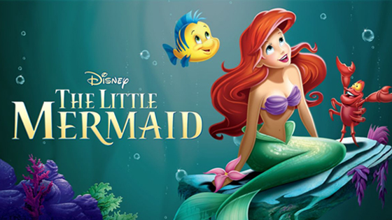 A horizontal poster for Disney's animated The Little Mermaid (1989). Red-haired mermaid Ariel sits on a rock underwater, accompanied by Flounder the yellow and blue fish and Sebastian the red crab.