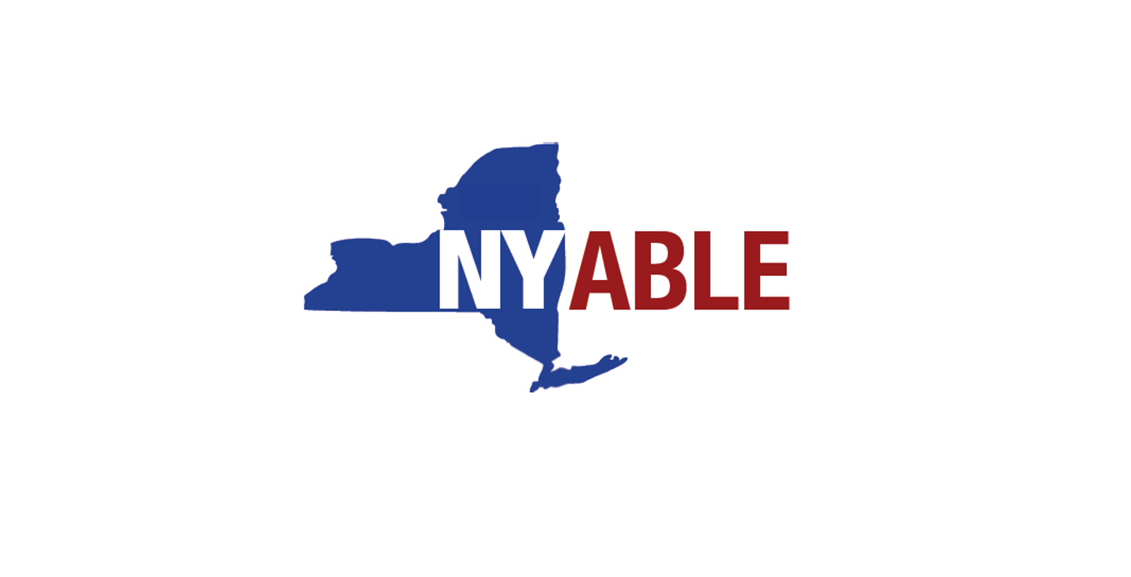 Blue colored shape of NY State on a white background overwritten by the words "NY ABLE"