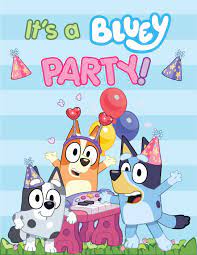 it's a bluey party! characters from Bluey show with balloons