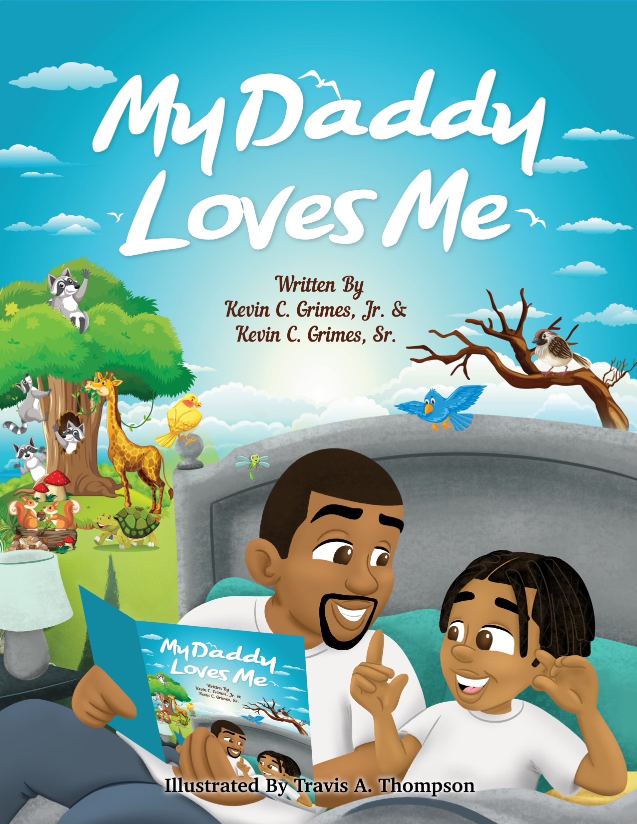Cover of Kevin Grime's book "My Daddy Loves Me" with illustration of father reading to son.