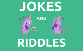 jokes and riddles text with two purple creatures telling jokes