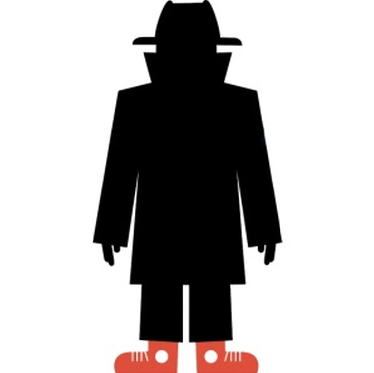 silhouette of spy in trench coat and hat with red sneakers