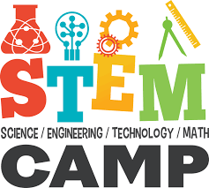 Stem camp logo with images of science, technology, engineering and math
