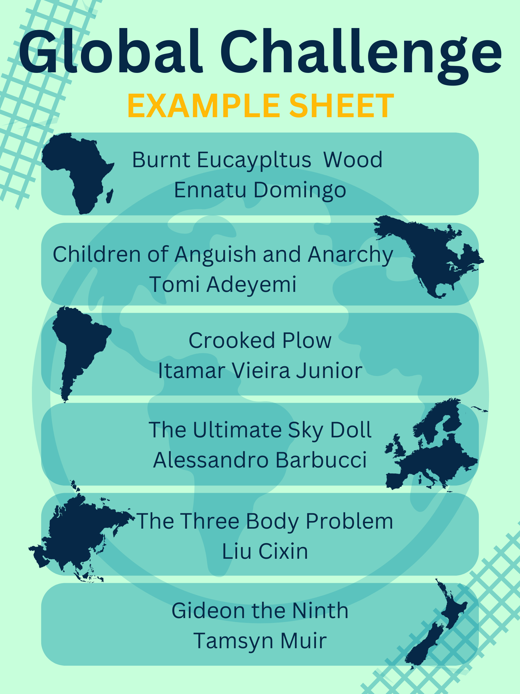 An example of the global challenge sheet. It has a similar color scheme of the logo, which is blue and green. One it is a list of titles. 