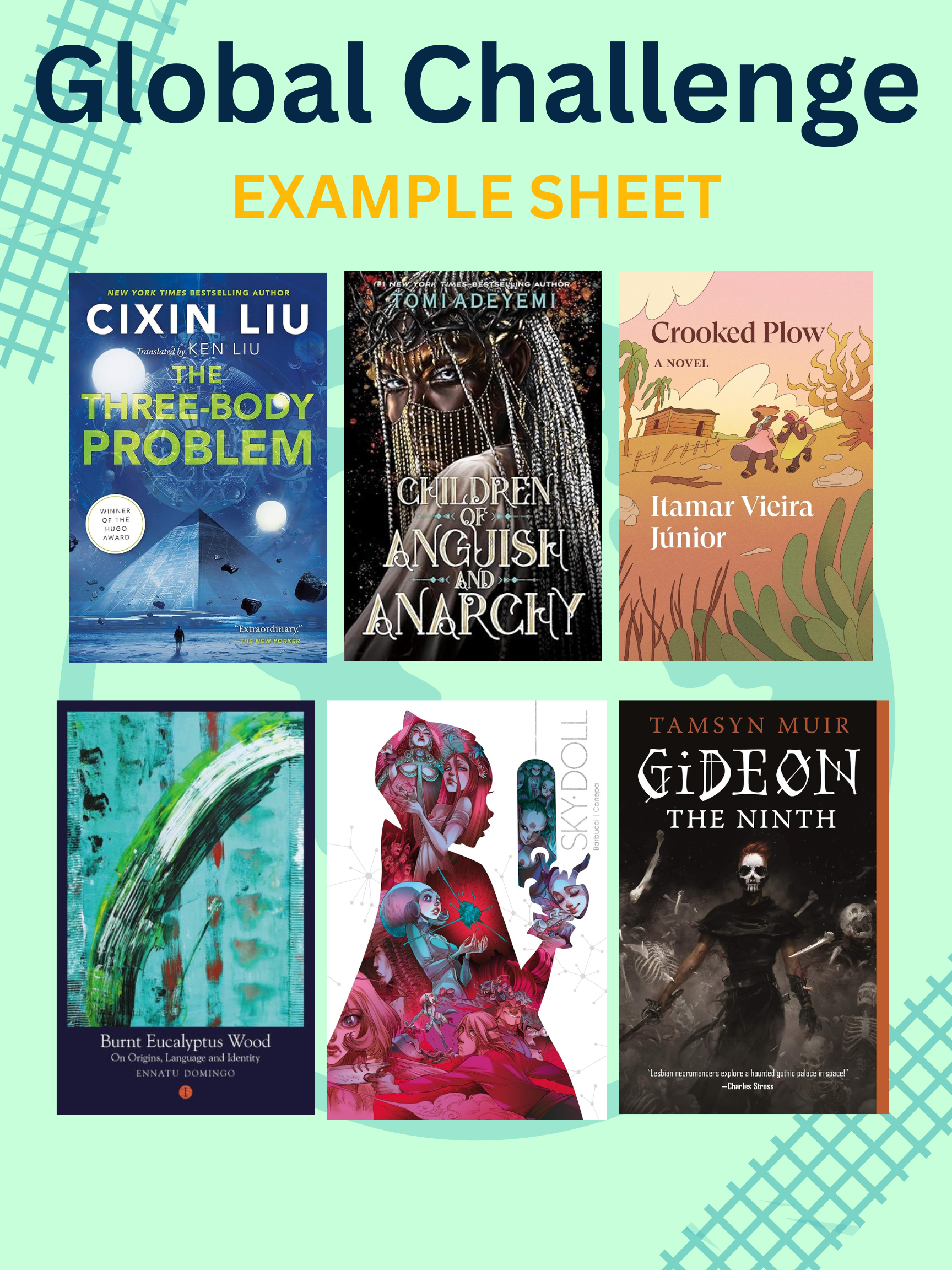 An example of the global challenge sheet using covers of books. It has a similar color scheme of the logo, which is blue and green. One it is a list of titles. 