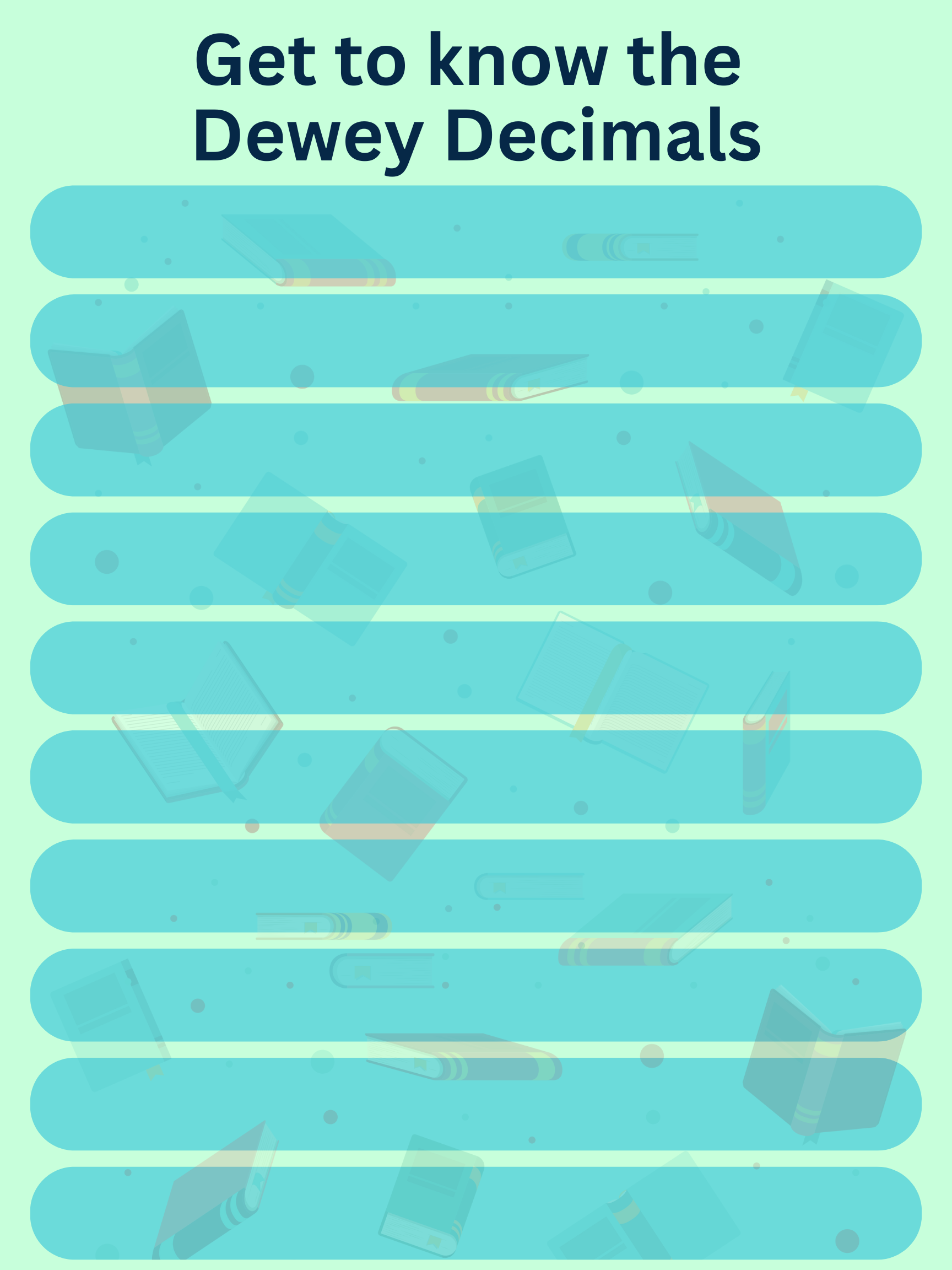 Blue and Green sheet with empty slots on it to add text for. Reads Dewey Decimals