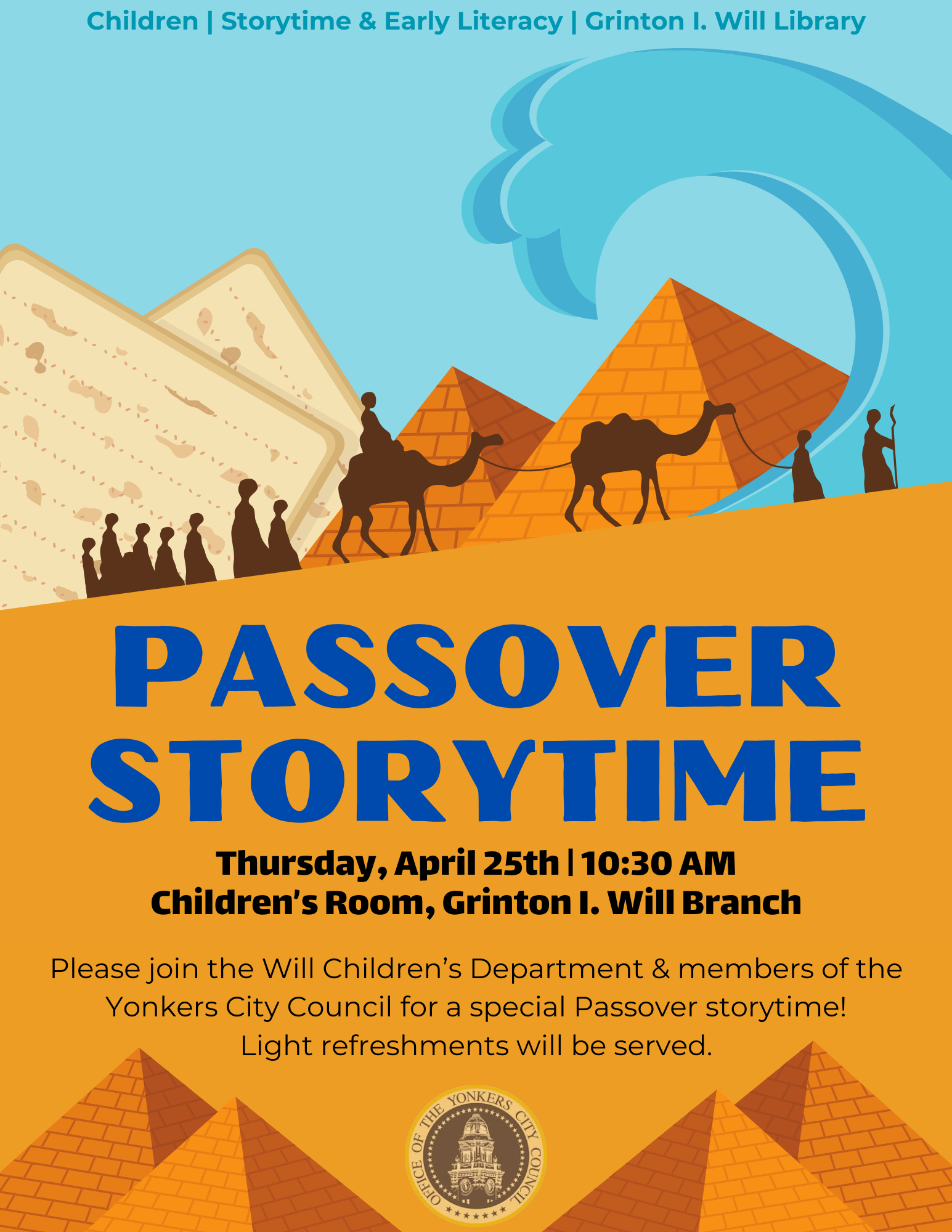 flyer with passover image of egypt and text of program information