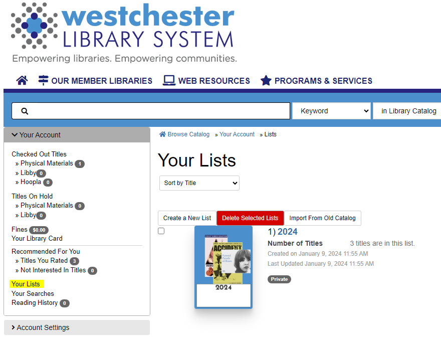 Screenshot of the Westchester Library System website on the Your Lists page