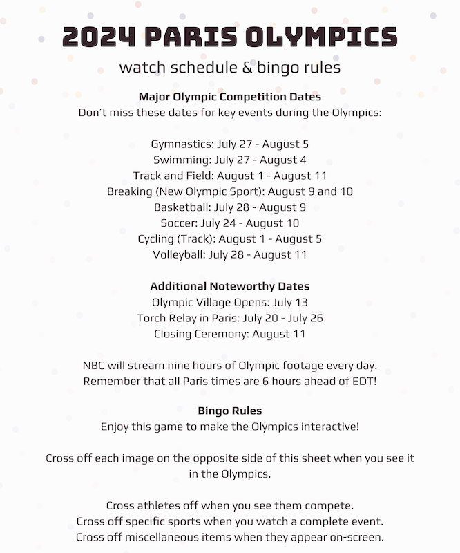 Instructions for the 2024 Paris Olympic Bingo.