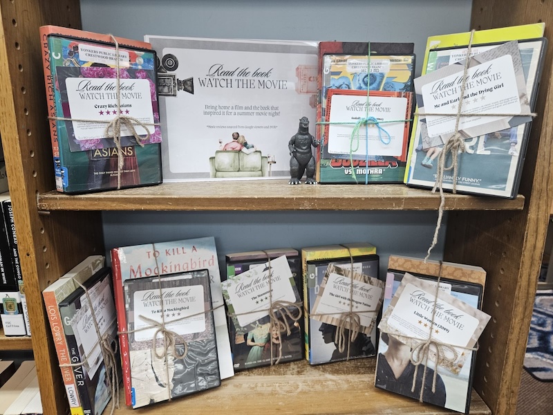 A display of movie-themed books and book-to-movie pairings in the Main Reading Room at the Crestwood Library.