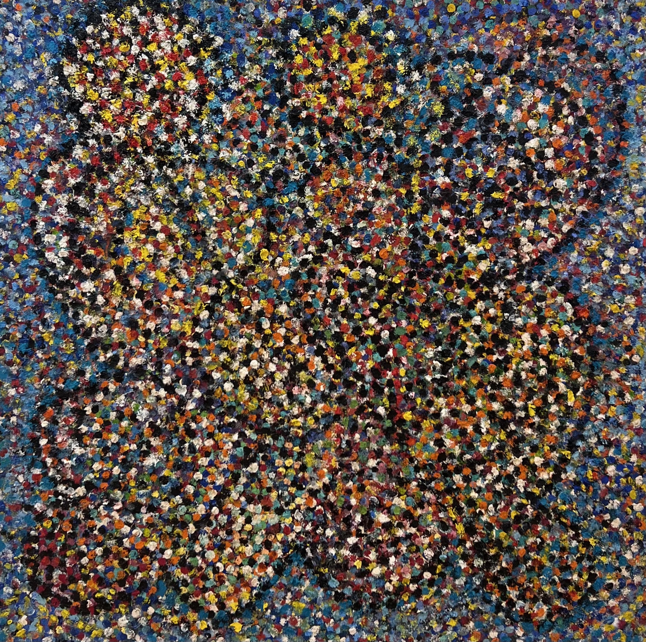 Abstract painting of colorful dots swirling in and out of one another
