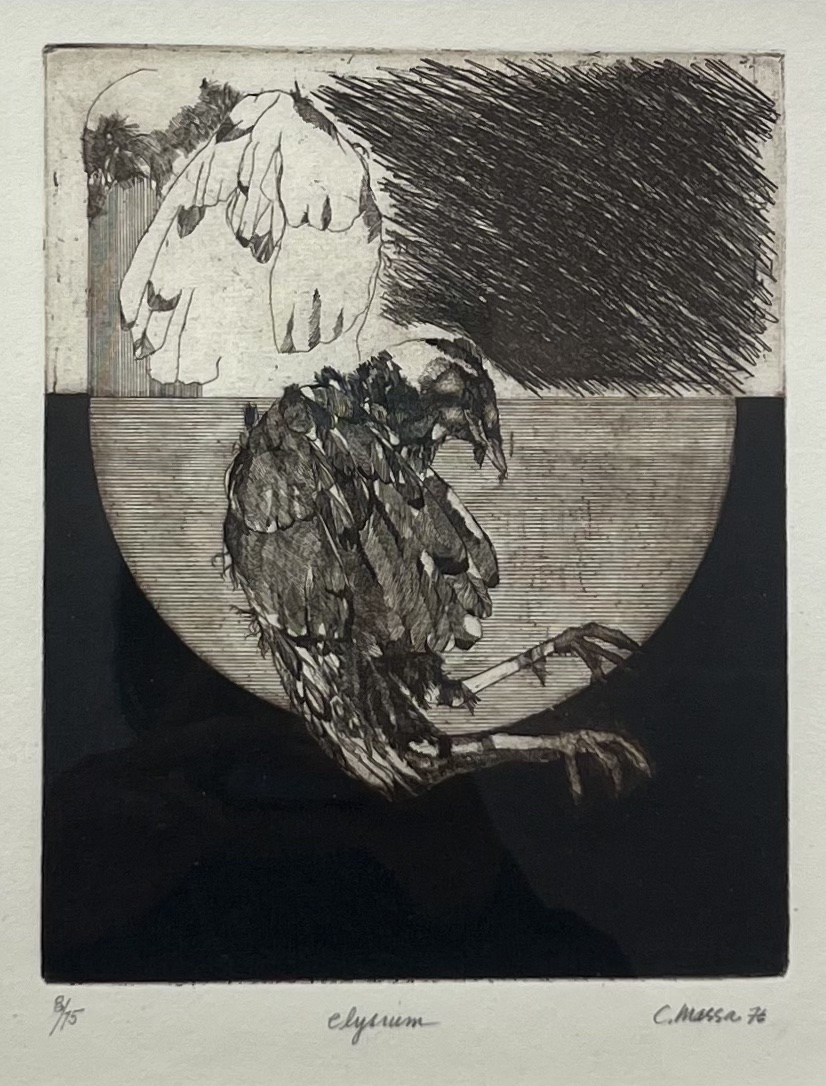 Black and white etching of a dead crow