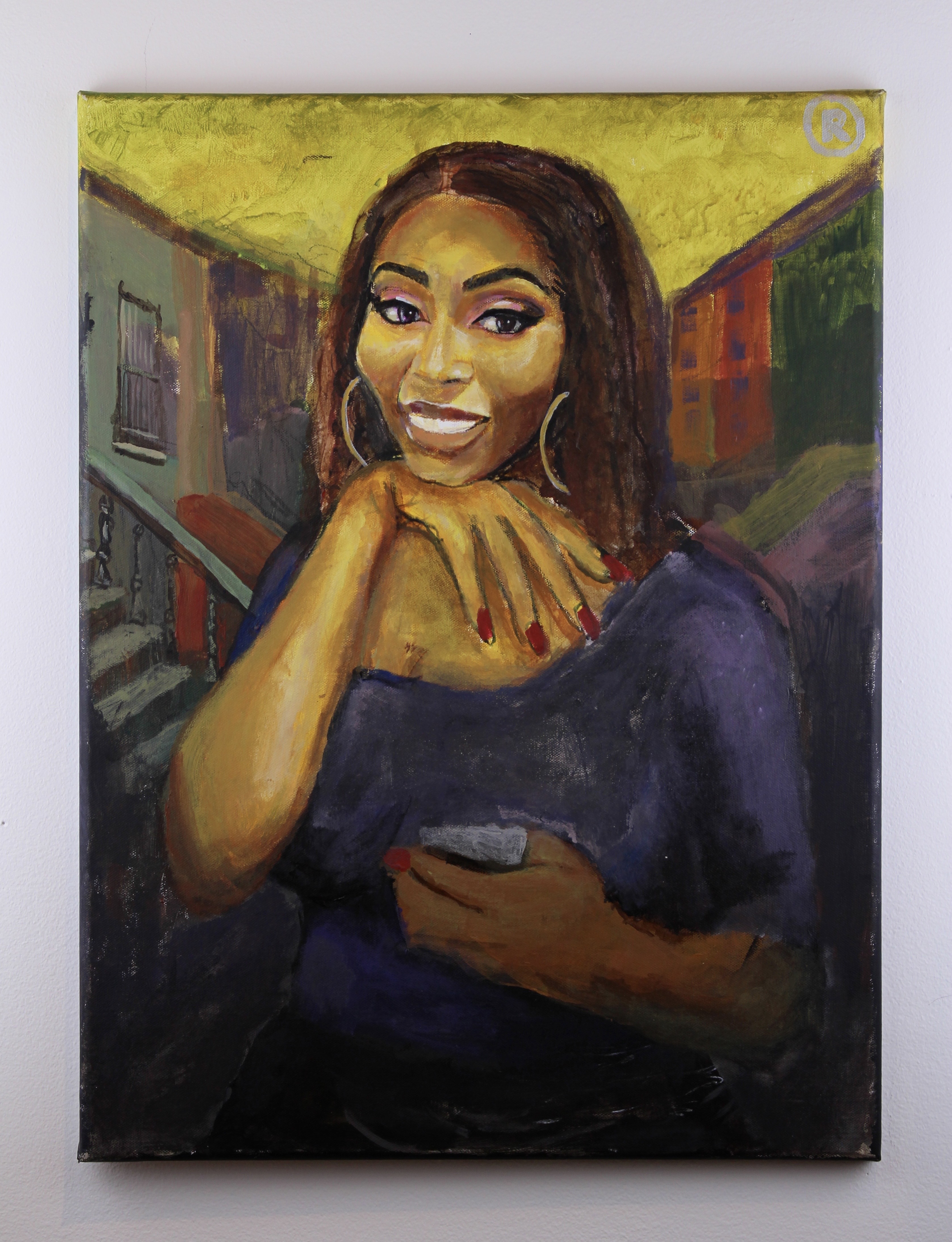 Portrait painting with gold tones of a woman with her had under her chin in the style of Mona Lisa