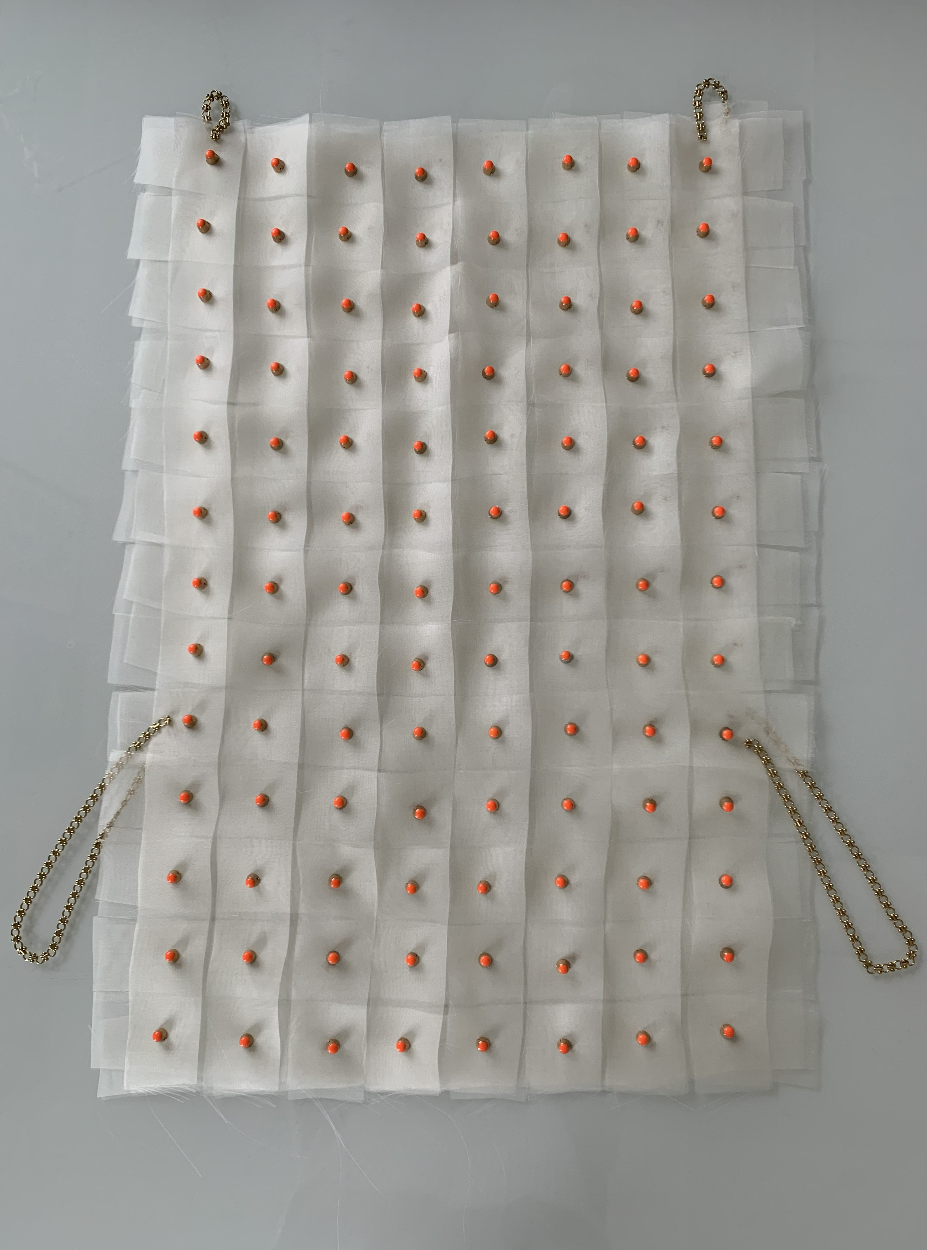 Silk Organza, Beads, Sequins, Thread, & Gold Plated Chain sewn together in a square