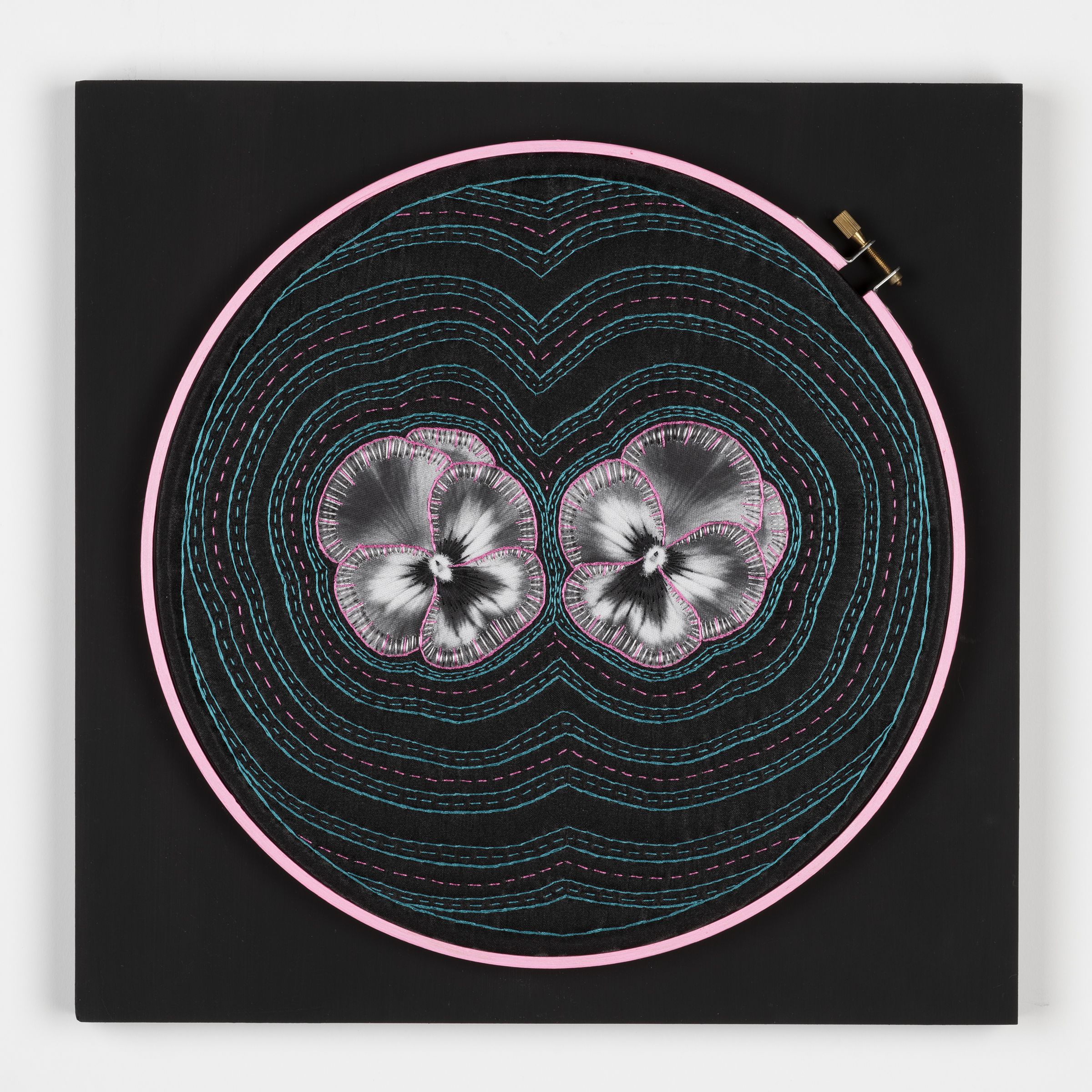 Hand stitched whole cloth quilt in painted wood hoop with custom pansy appliqué, cotton batting, and cotton back mounted on wood panel