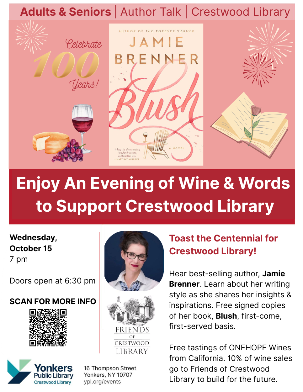 Flyer for Wine and Words with Jamie Brenner att Crestwood Library.