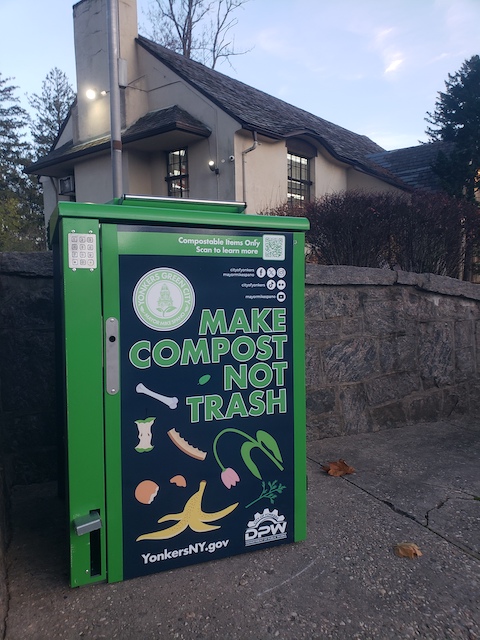 The Community Food Scrap Drop-off Program bin outside of the Crestwood Library.